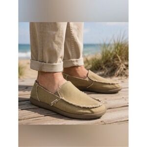 Crocs Mens Santa Cruz Slip On Loafers 11 Khaki Canvas Coastal Beach Euro Summer